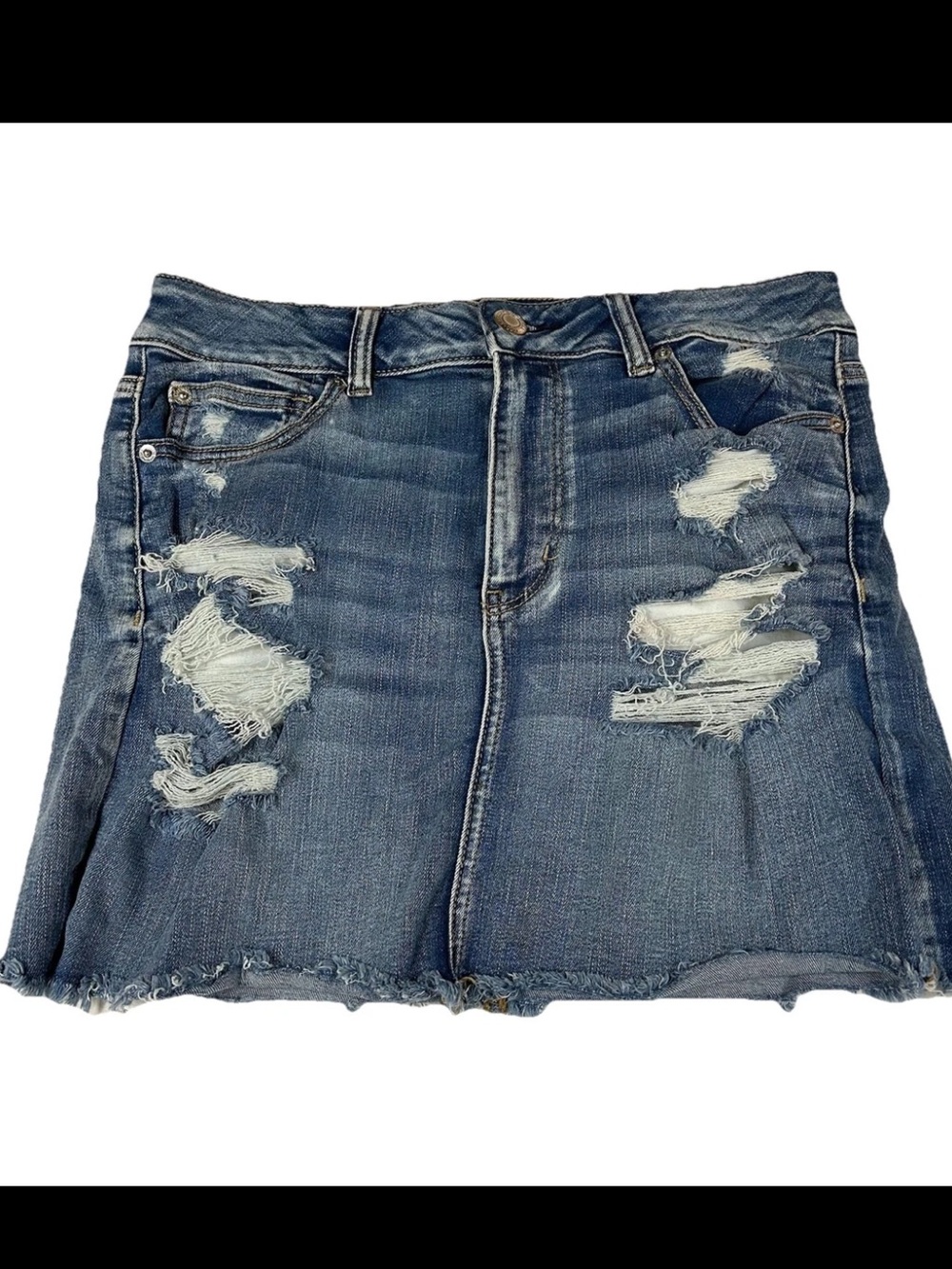 American Eagle Women’s Size 10 LONG Hi Rise Mini Skirt Jean Denim Distressed